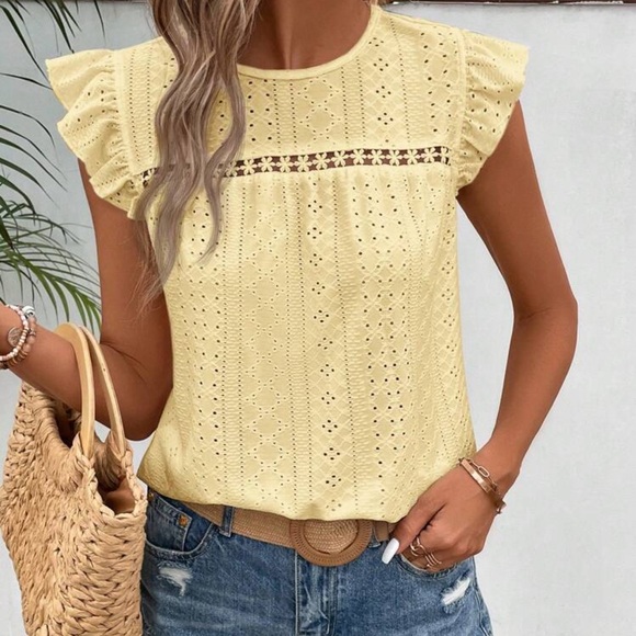 Delilah Wear Tops - YNew Yellow Eyelet Ruffle Sleeve Top